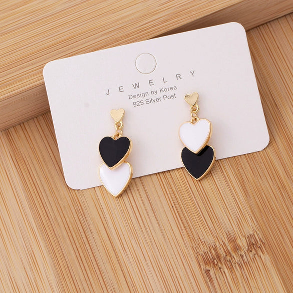 Women's Cute Double Heart Drop Earrings With Alloy Contrast Color Enamel Look And Electroplated Heart Shape Design