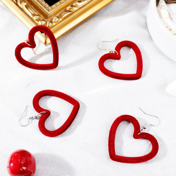 Women's Cute Fashion Heart Earrings With Hollow Flocked Heart Design And Electroplated Finish