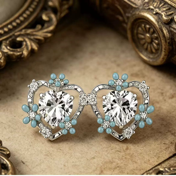 Women's Cute Heart Shaped Copper Earrings With Flower Zircon Detail Oil Drop Finish And Electroplated Craftsmanship