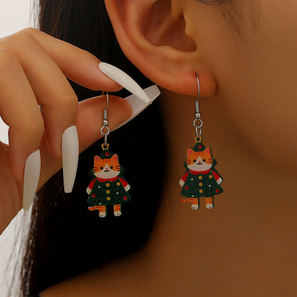 Women's Cute Puppy And Kitten Acrylic Christmas Earrings With Electroplated Animal Design And Gold Ear Needles