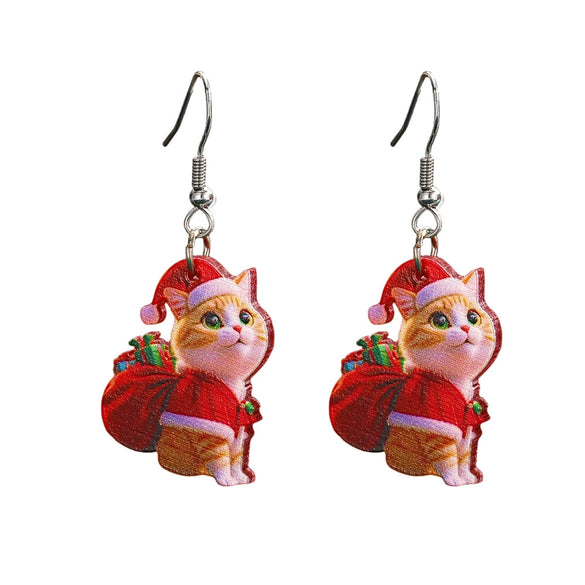 Women's Cute Puppy And Kitten Acrylic Christmas Earrings With Electroplated Animal Design And Gold Ear Needles
