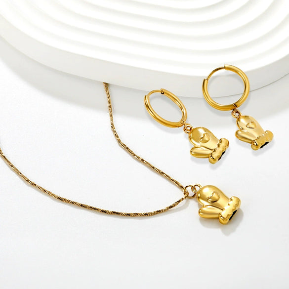 Women’s Cute Stainless Steel Heart Water Drop Bell Pendant Necklace And Earrings Set With Electroplated Snake Bone Chain