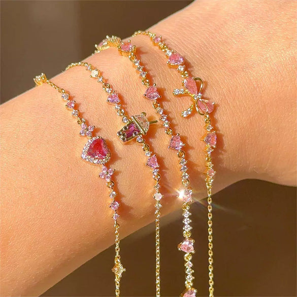 Women's Cute Sweet Bracelet Copper Plastic Love Zircon Butterfly Bow Set With Diamonds