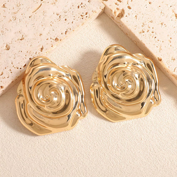 Women's 3D Flower Stud Earrings With Glossy Electroplated Iron Design And Stainless Steel Posts Fashion Statement Floral Jewelry