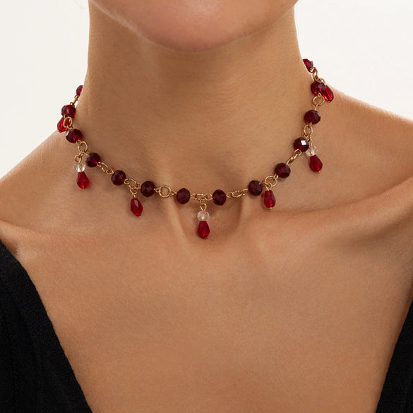 Women's Dark Gothic Faux Crystal Tassel Necklace With Red Beaded Teardrop Pendant Faceted Geometric Design And Lobster Clasp
