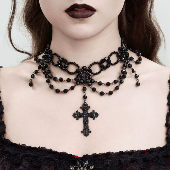 Women's Dark Gothic Handmade Alloy Geometric Cross Pendant Necklace With Multilayer Beaded Tassel And Ball Chain