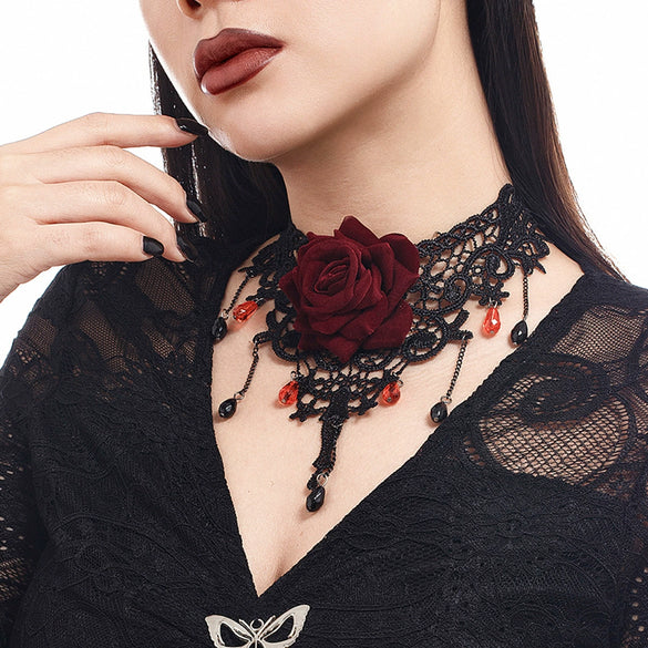 Women's Dark Style Lace Fabric Necklace With Artificial Crystal Rose Flower Drop Pendant And Handmade Chain