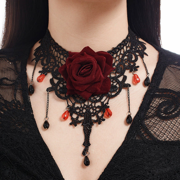 Women's Dark Style Lace Fabric Necklace With Artificial Crystal Rose Flower Drop Pendant And Handmade Chain