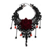 Women's Dark Style Lace Fabric Necklace With Artificial Crystal Rose Flower Drop Pendant And Handmade Chain