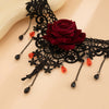 Women's Dark Style Lace Fabric Necklace With Artificial Crystal Rose Flower Drop Pendant And Handmade Chain