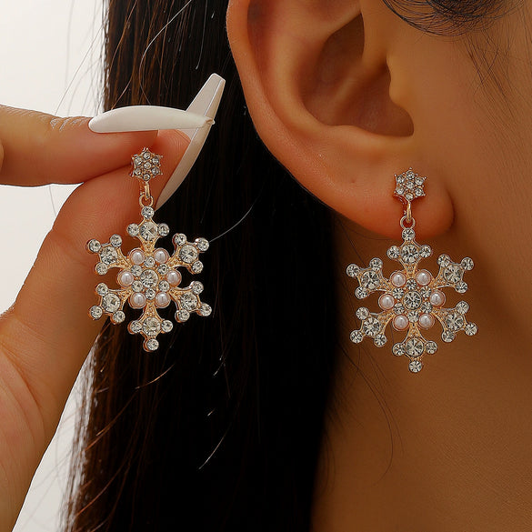 Women's Diamond Snowflake Pearl Earrings Mixed Material Light Luxury Minimalist Party Jewelry