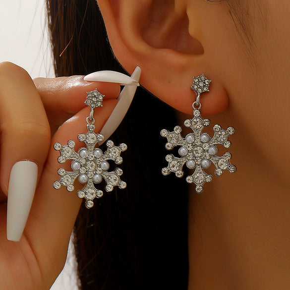 Women's Diamond Snowflake Pearl Earrings Mixed Material Light Luxury Minimalist Party Jewelry
