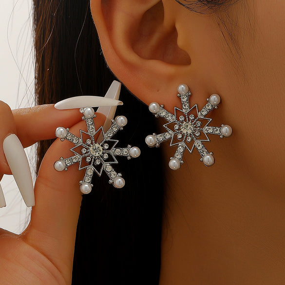 Women's Diamond Snowflake Pearl Earrings Mixed Material Light Luxury Minimalist Party Jewelry