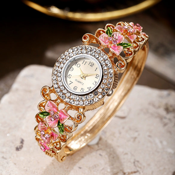 Women's Diamonddecorated Carved Flower Quartz Watch Hollow Alloy Bracelet Round Dial Fashion