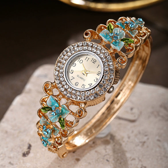 Women's Diamonddecorated Carved Flower Quartz Watch Hollow Alloy Bracelet Round Dial Fashion