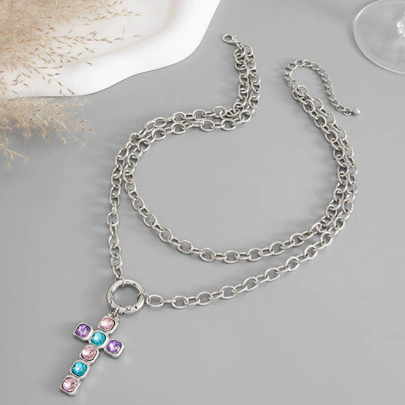 Women's Diamondencrusted Geometric Cross Pendant Necklace With Plated Iron Doublelayer Chain