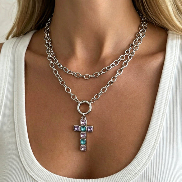 Women's Diamondencrusted Geometric Cross Pendant Necklace With Plated Iron Doublelayer Chain