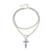 Women's Diamondencrusted Geometric Cross Pendant Necklace With Plated Iron Doublelayer Chain