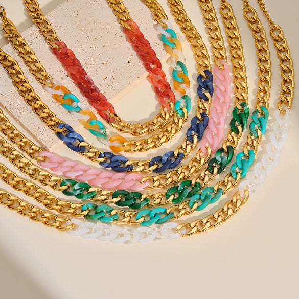 Women's Dopamine Rainbow Necklace And Bracelet Set Stainless Steel 18K Gold Vacuum Plated Geometric Color Spliced Jewelry