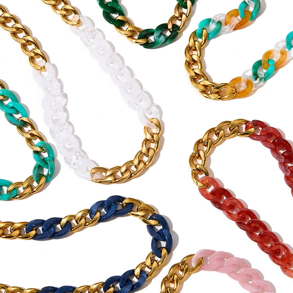 Women's Dopamine Rainbow Necklace And Bracelet Set Stainless Steel 18K Gold Vacuum Plated Geometric Color Spliced Jewelry