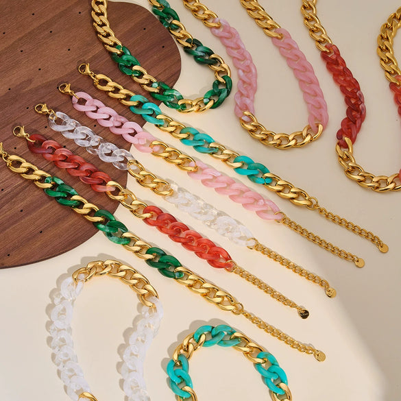 Women's Dopamine Rainbow Necklace And Bracelet Set Stainless Steel 18K Gold Vacuum Plated Geometric Color Spliced Jewelry