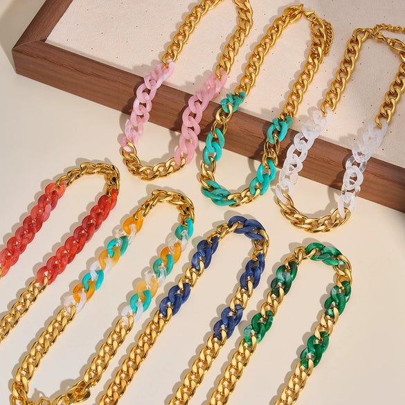 Women's Dopamine Rainbow Necklace And Bracelet Set Stainless Steel 18K Gold Vacuum Plated Geometric Color Spliced Jewelry