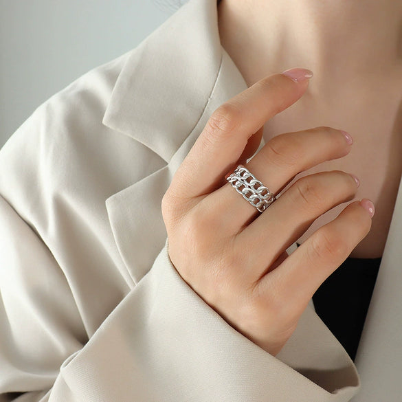 Women's Double Chain Splice Opening Adjustable Finger Ring 316L Stainless Steel Geometric 18K Gold Plated