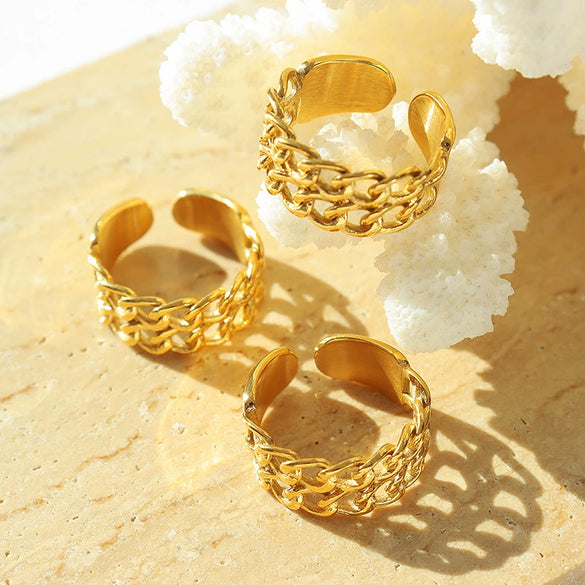 Women's Double Chain Splice Opening Adjustable Finger Ring 316L Stainless Steel Geometric 18K Gold Plated