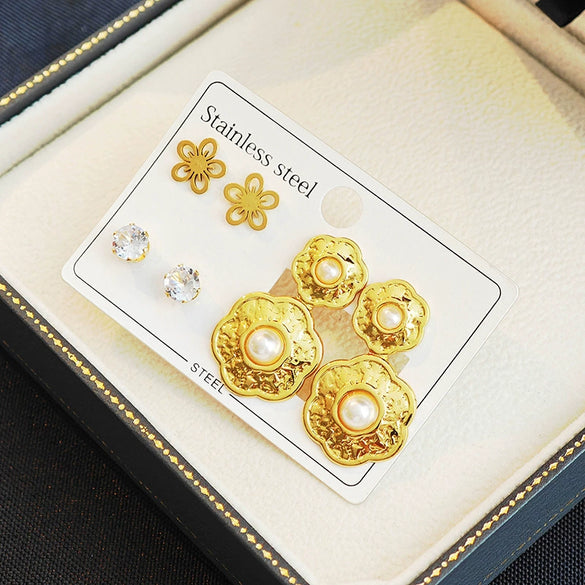 Women's Double Flower Pearl Titanium Steel Earrings Geometric Retro Electroplated Design