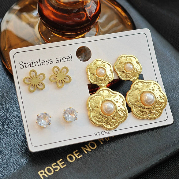 Women's Double Flower Pearl Titanium Steel Earrings Geometric Retro Electroplated Design