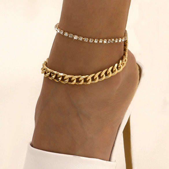 Women's Double Layer Alloy Tassel Claw Chain Anklet Set With Gold Plated Artificial Gemstone Inlay