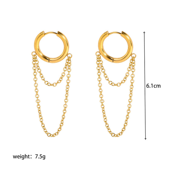 Women's Double Layer Chain Tassel Ear Jewelry With Geometric Design Stainless Steel Earrings Pvdp Furnace Real Gold Plated
