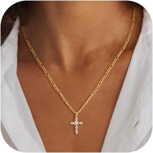 Women's Double Layer Copper Cross Pendant Necklace With Geometric Shape Electroplated Clavicle Chain Fashion Jewelry