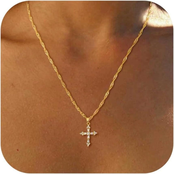 Women's Double Layer Copper Cross Pendant Necklace With Geometric Shape Electroplated Clavicle Chain Fashion Jewelry