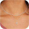Women's Double Layer Copper Cross Pendant Necklace With Geometric Shape Electroplated Clavicle Chain Fashion Jewelry