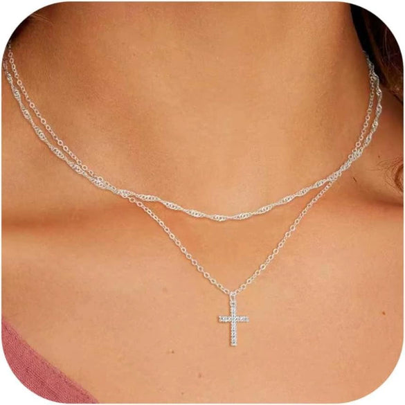 Women's Double Layer Copper Cross Pendant Necklace With Geometric Shape Electroplated Clavicle Chain Fashion Jewelry