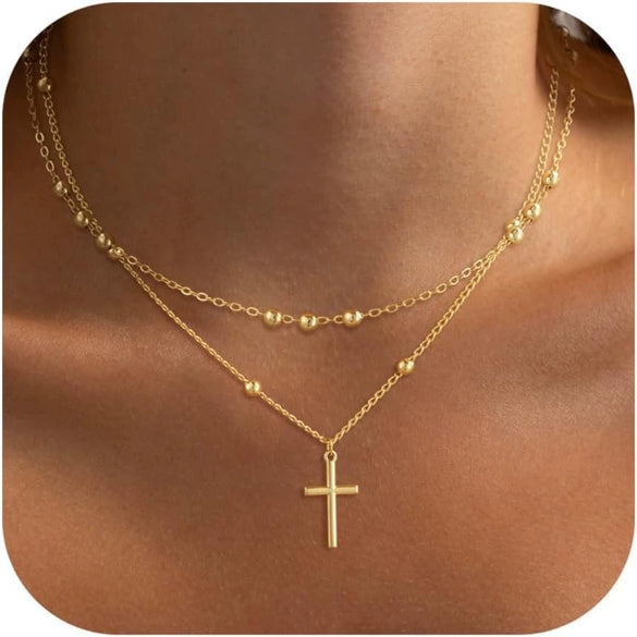 Women's Double Layer Copper Cross Pendant Necklace With Geometric Shape Electroplated Clavicle Chain Fashion Jewelry