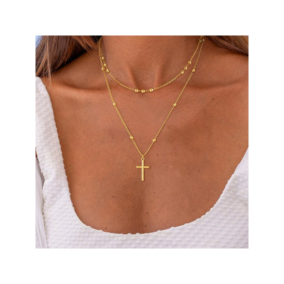 Women's Double Layer Copper Cross Pendant Necklace With Geometric Shape Electroplated Clavicle Chain Fashion Jewelry
