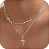 Women's Double Layer Copper Cross Pendant Necklace With Geometric Shape Electroplated Clavicle Chain Fashion Jewelry