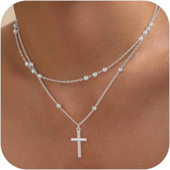 Women's Double Layer Copper Cross Pendant Necklace With Geometric Shape Electroplated Clavicle Chain Fashion Jewelry