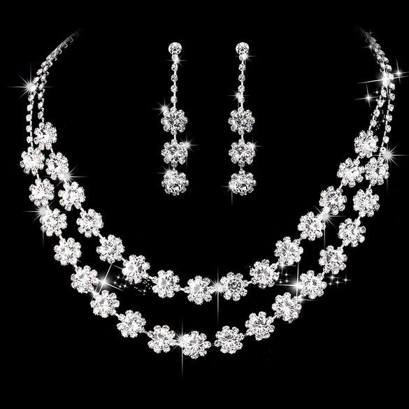Women's Double Layer Rhinestone Necklace And Earrings Bridal Jewelry Set With Sunflower And Water Drop Design