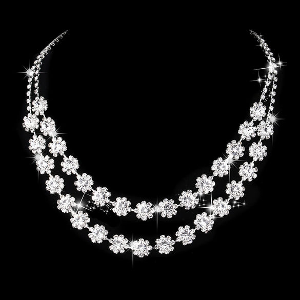 Women's Double Layer Rhinestone Necklace And Earrings Bridal Jewelry Set With Sunflower And Water Drop Design