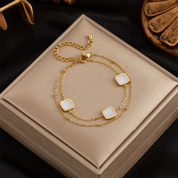 Women's Double Layer Square Fritillary Chain Titanium Steel Electroplated Bracelet