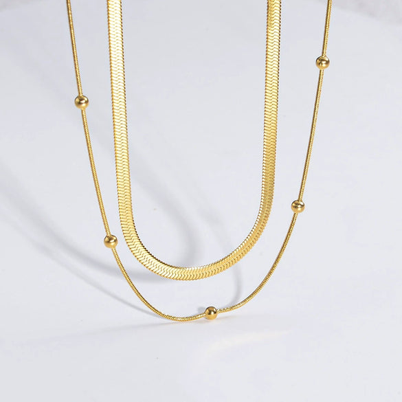 Women's Double Layer Stacked Beads Necklace Titanium Steel 18K Gold Plated Flat Snake Bone Chain Geometric Style