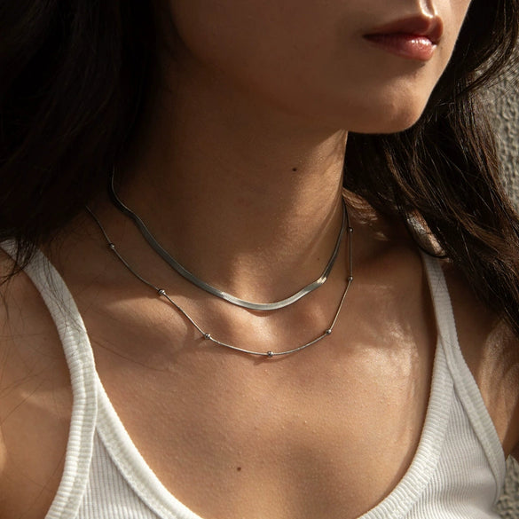 Women's Double Layer Stacked Beads Necklace Titanium Steel 18K Gold Plated Flat Snake Bone Chain Geometric Style