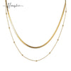 Women's Double Layer Stacked Beads Necklace Titanium Steel 18K Gold Plated Flat Snake Bone Chain Geometric Style