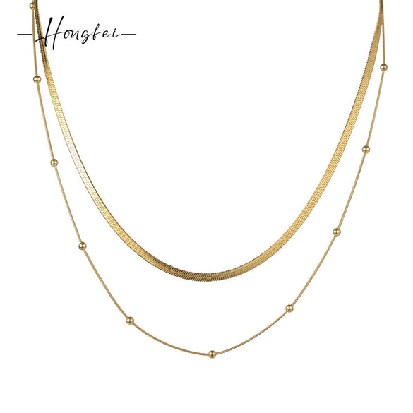 Women's Double Layer Stacked Beads Necklace Titanium Steel 18K Gold Plated Flat Snake Bone Chain Geometric Style
