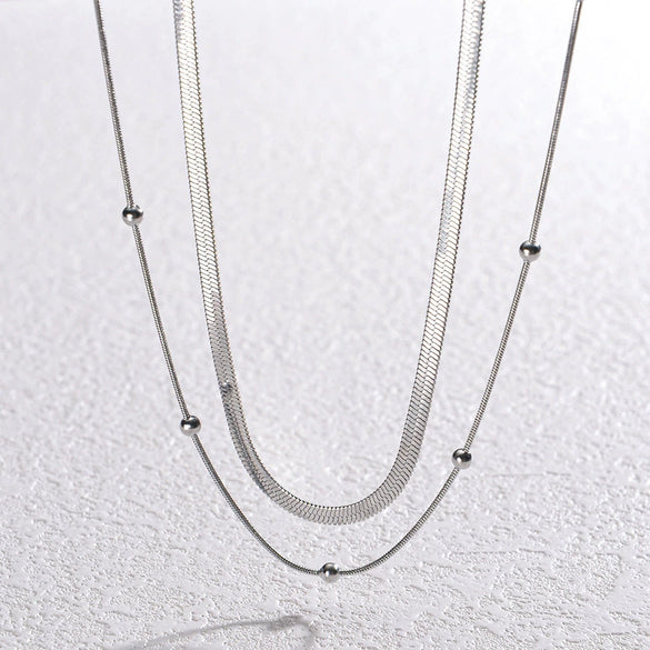 Women's Double Layer Stacked Beads Necklace Titanium Steel 18K Gold Plated Flat Snake Bone Chain Geometric Style
