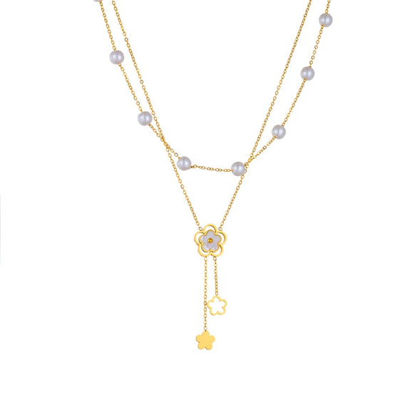 Women's Double Layer Stacked Pearl Flower Chain Tassel Pendant Stainless Steel Electroplated Necklace