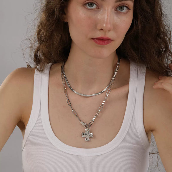 Women's Double Layer Stainless Steel Cross Necklace With Hammered Pattern Pendant And Snake Bone Chain Electroplated Fashion Jewelry